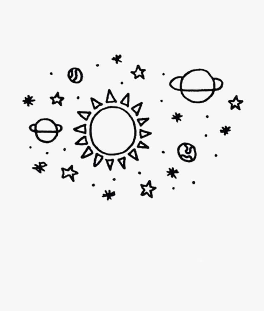 太陽系 桌布 壁紙 — 一個簡單的黑色線條圖，有一個太陽被星星和行星圍繞著，背景是純色的。