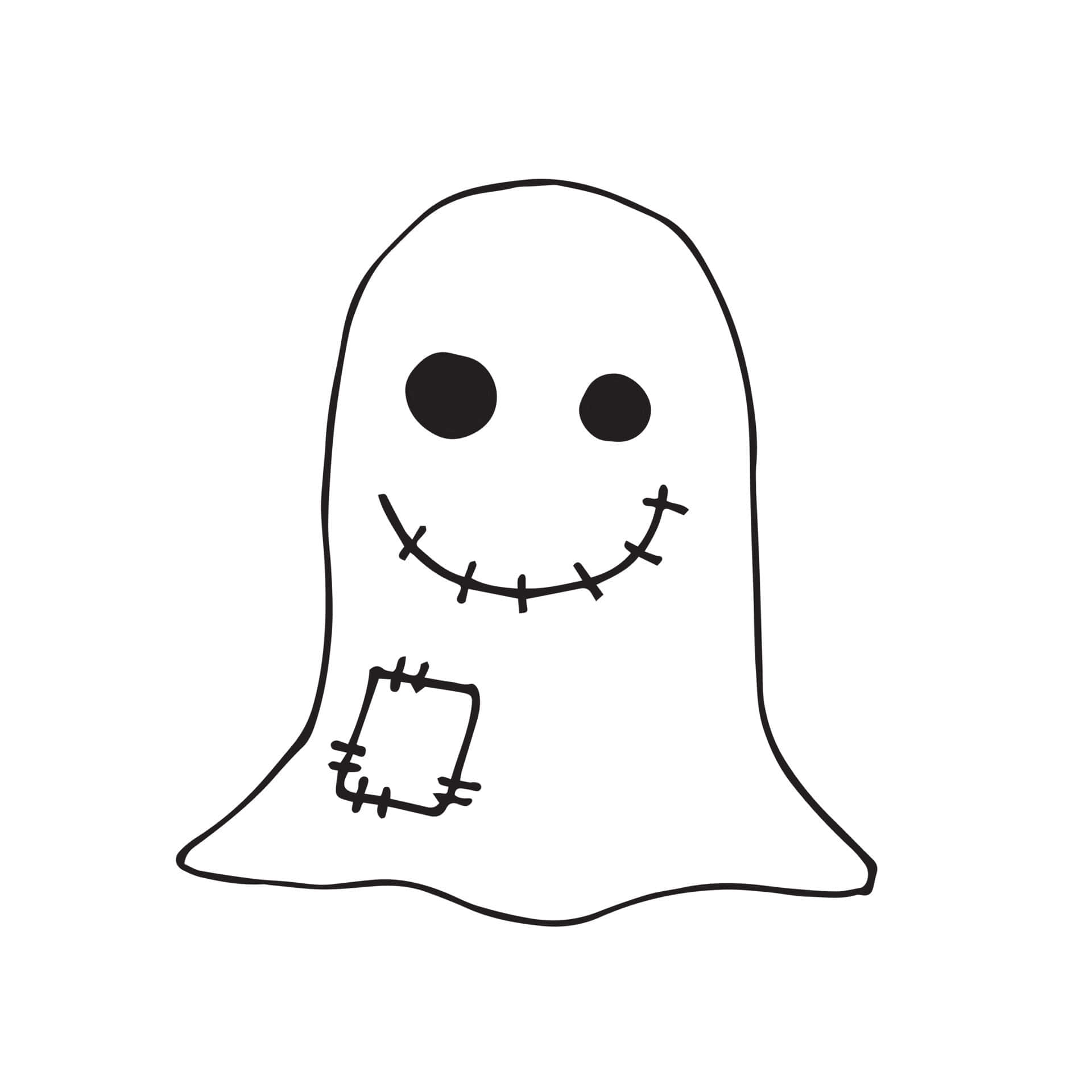 Cute White 桌布 壁紙 — 一個簡單的黑色線條繪畫，描繪一個微笑的鬼魂，帶有縫合的眼睛、嘴巴和手，背景為純白色。