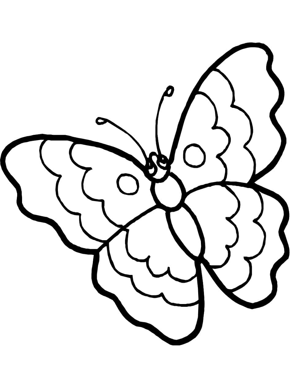 Butterfly Coloring Pages 桌布 壁紙 — 一個簡單的黑色蝴蝶輪廓，帶有扇形翅膀和觸角，背景為純白色。