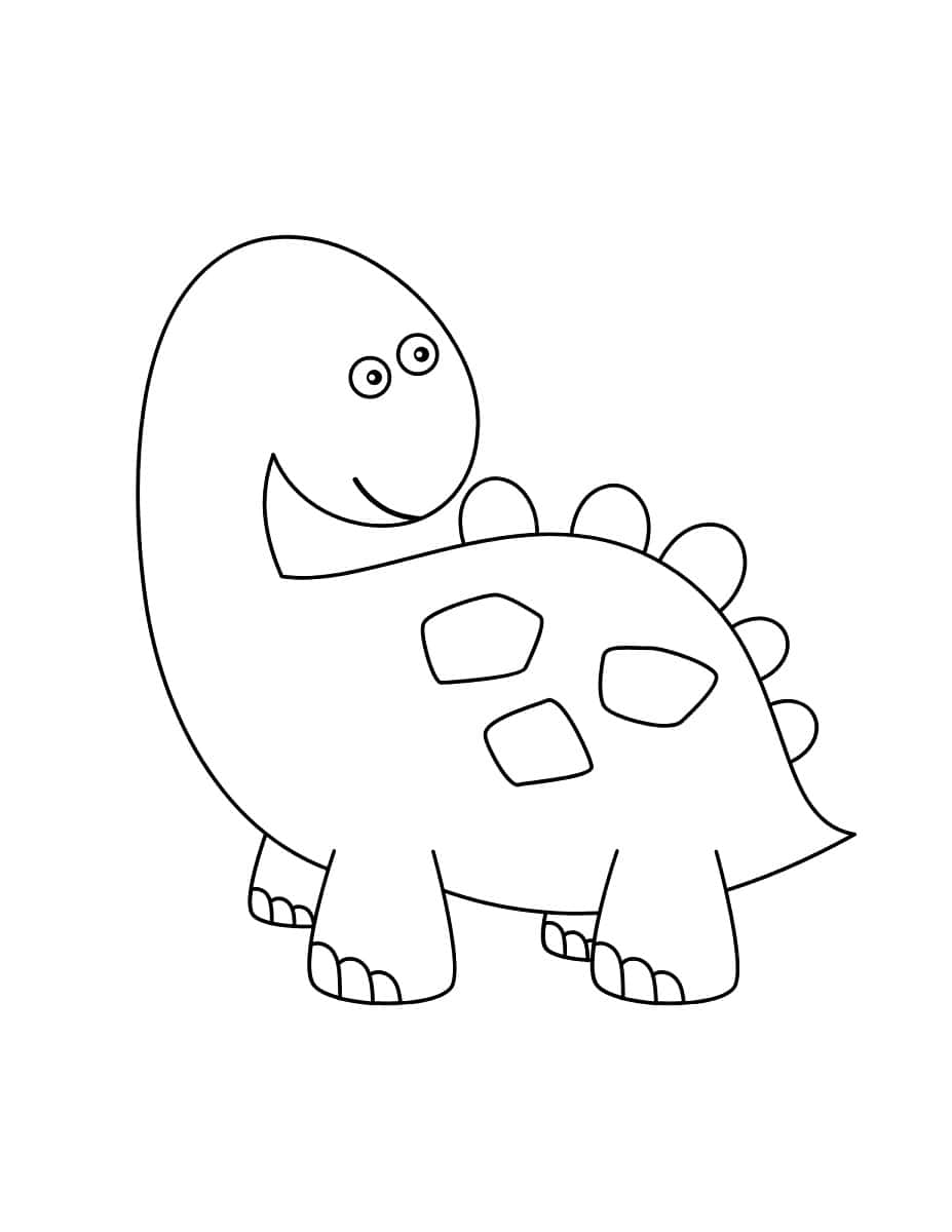 Dinosaur Drawing 桌布 壁紙 — 一個簡單的黑色輪廓，描繪一隻微笑的卡通劍龍，帶有尖刺和骨板，準備好上色。