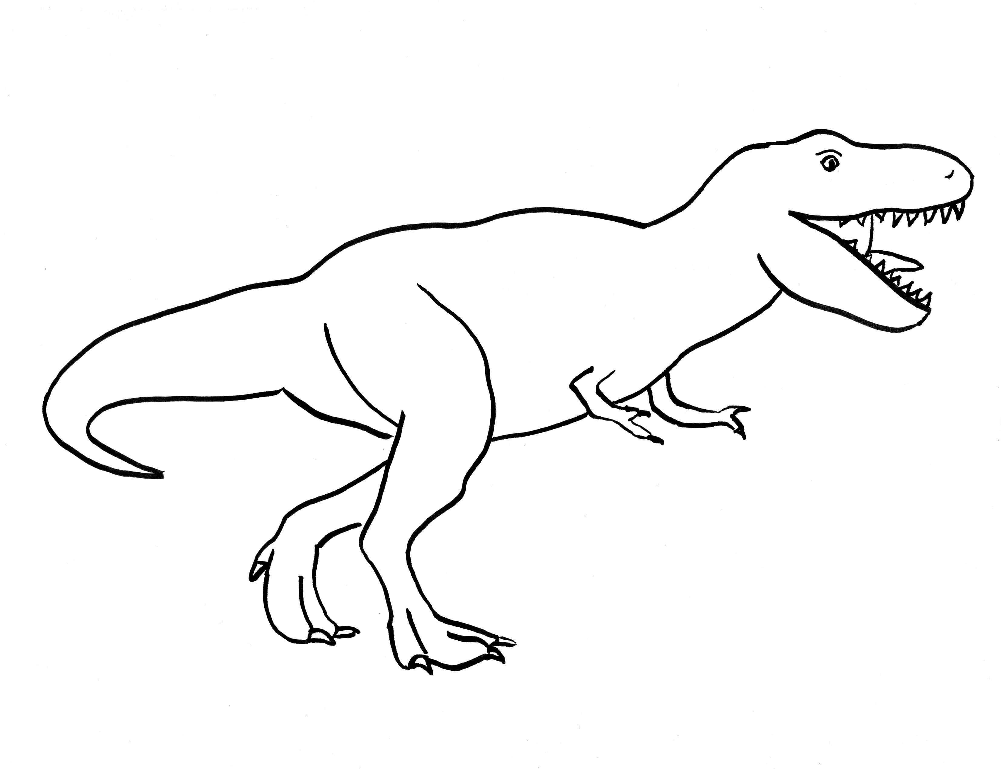 Dinosaur Drawing 桌布 壁紙 — 一個簡單的黑色輪廓，描繪一頭正在咆哮、邁步前進的暴龍，背景為純白色。