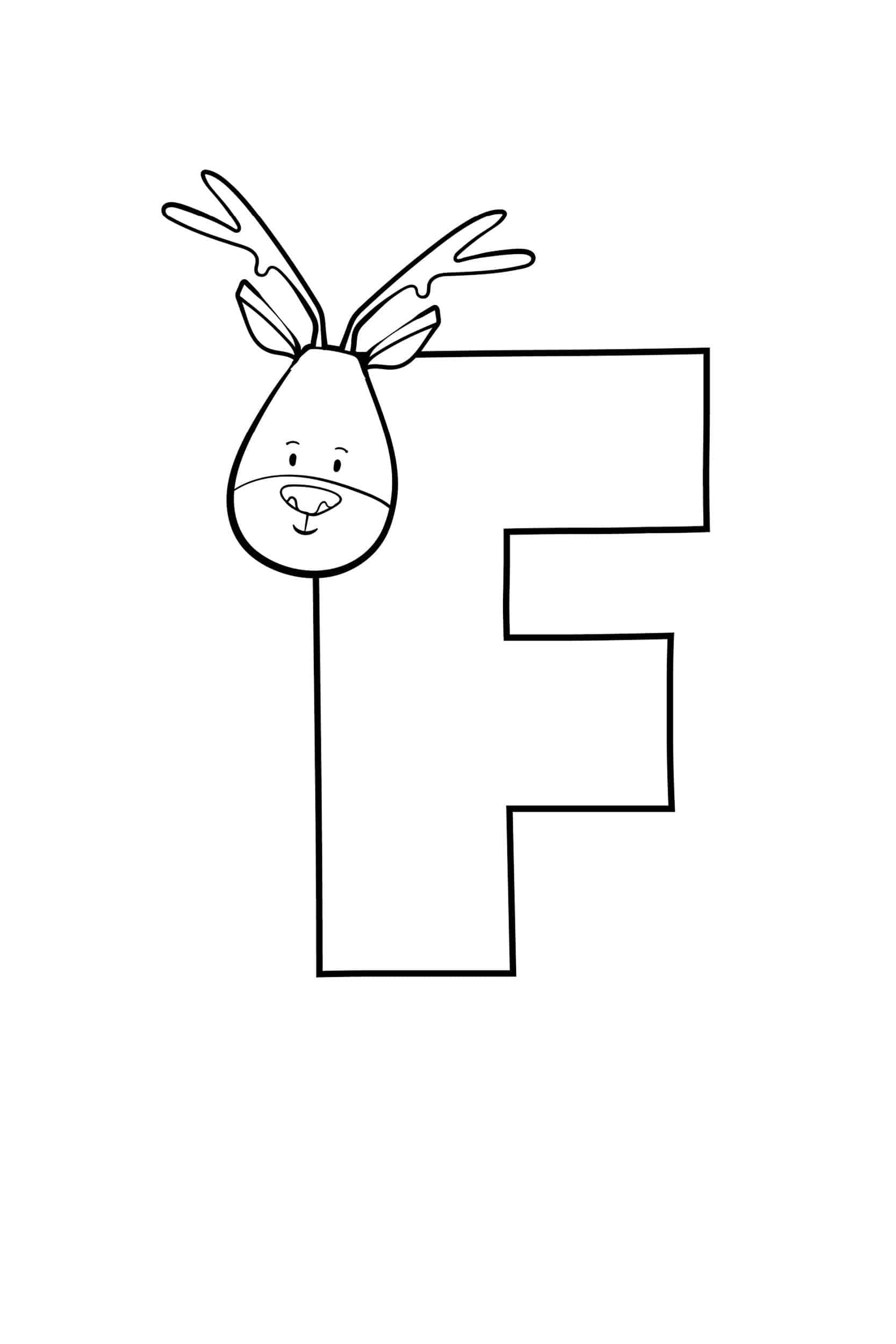 F 桌布 壁紙 — 一個簡單的黑色輪廓字母F，左上角有一隻微笑的馴鹿頭探出來。
