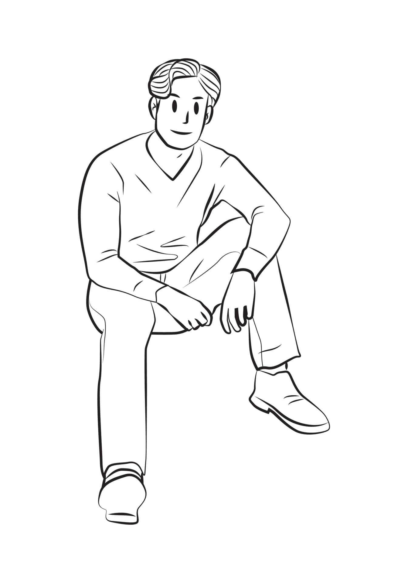 Sketch Art 桌布 壁紙 — 一個簡單線條藝術插圖，描繪一名男子翹腳休閒地坐著，身穿V領襯衫和長褲。