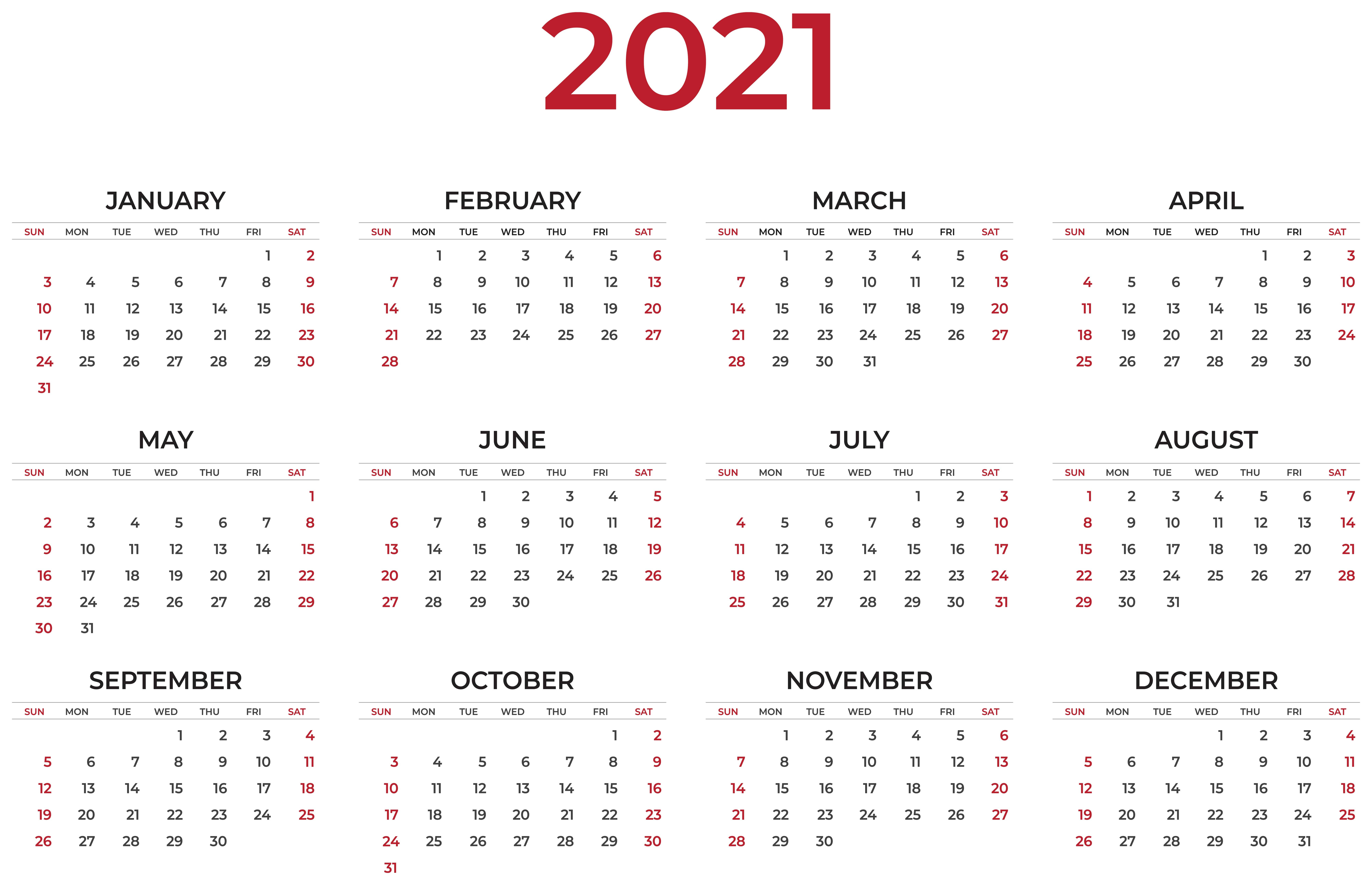 2021 桌面 桌布 壁紙 — 一個簡潔極簡的2021年年曆，帶有紅色標題和白色背景上的日期。