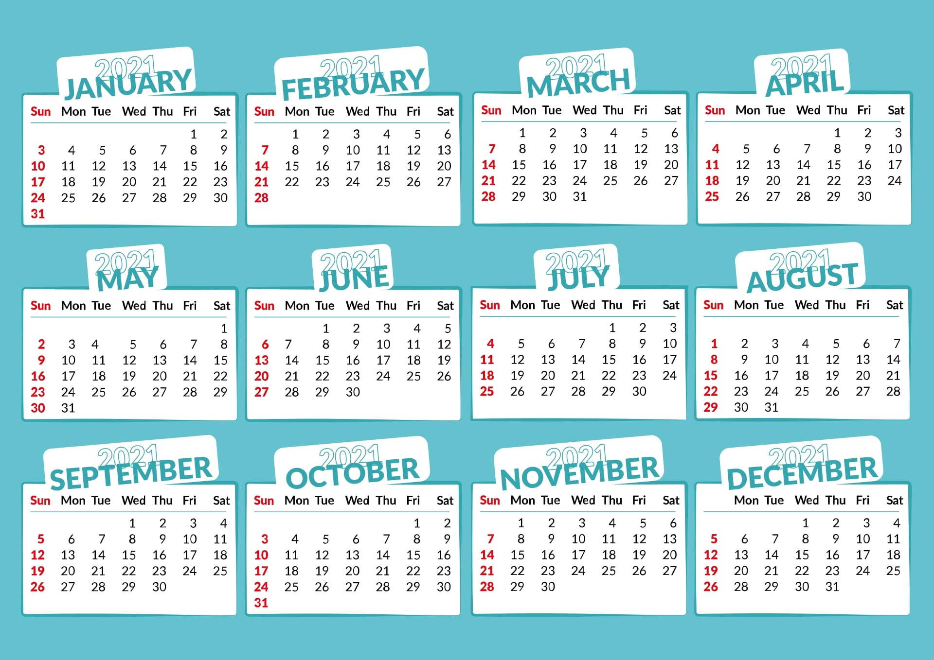 2021 桌面 桌布 壁紙 — 一個簡潔的2021年年曆網格，帶有白色方框和青綠色標題，背景為純色青綠色。