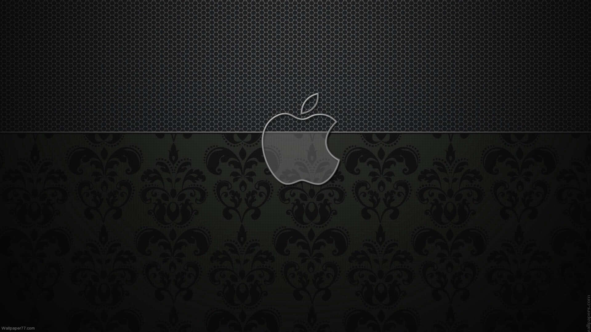Black Macbook 桌布 壁紙 — 一個簡潔的Apple標誌居中於深色分割背景上，頂部為六邊形，底部為大馬士革圖案。