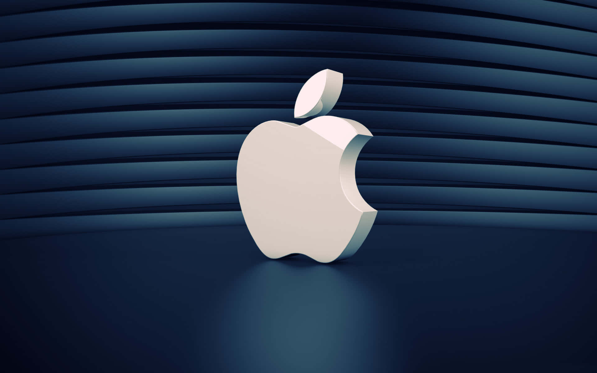 3d apple iPhone 桌布 壁紙 — 一個簡潔的白色Apple標誌居中放置在深藍色彎曲條紋背景上，帶有柔和燈光。