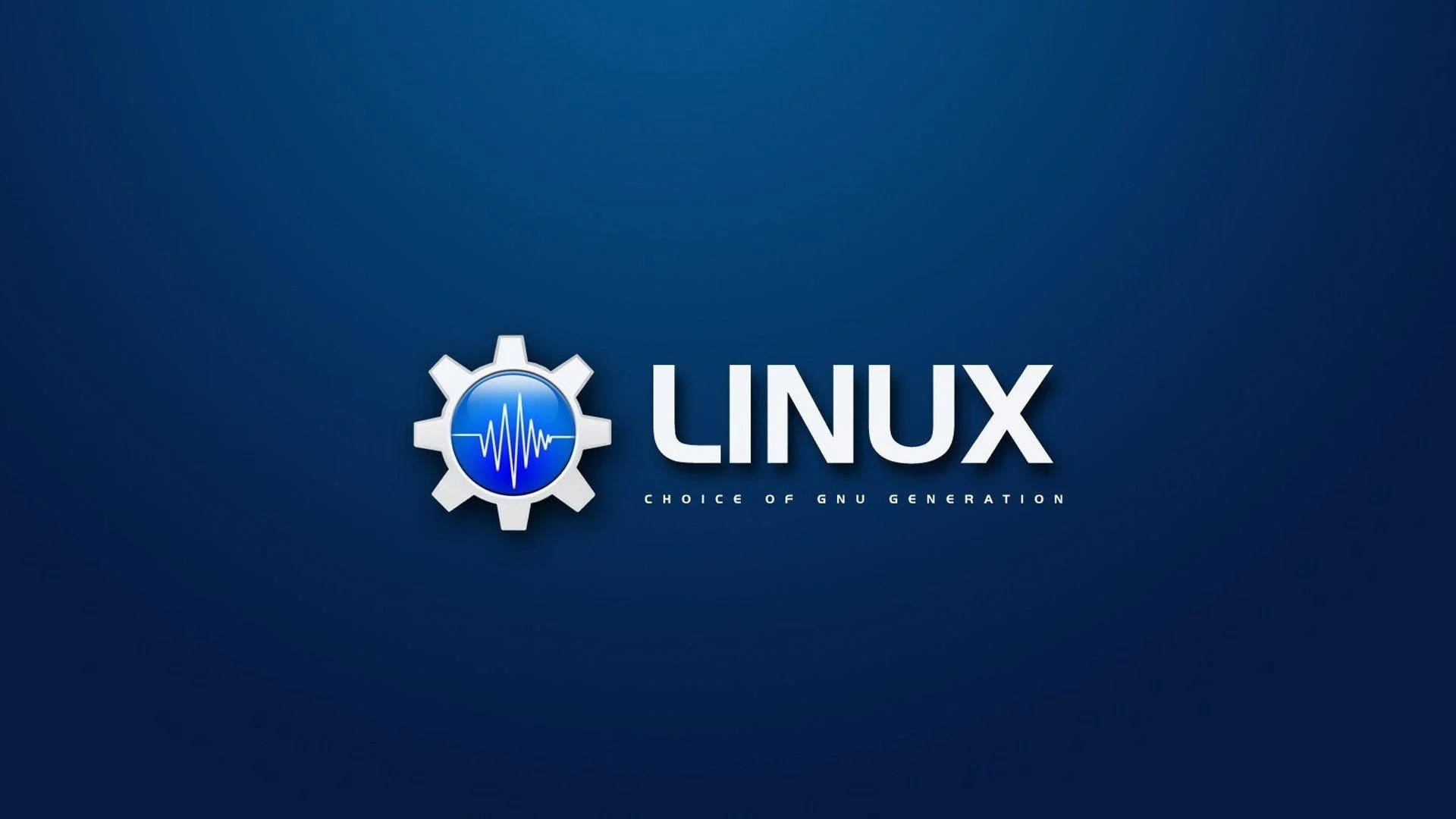 標誌 桌布 壁紙 — 一個簡潔的白色Linux標誌，中央有齒輪和波形圖示，位於漸變藍色背景上。