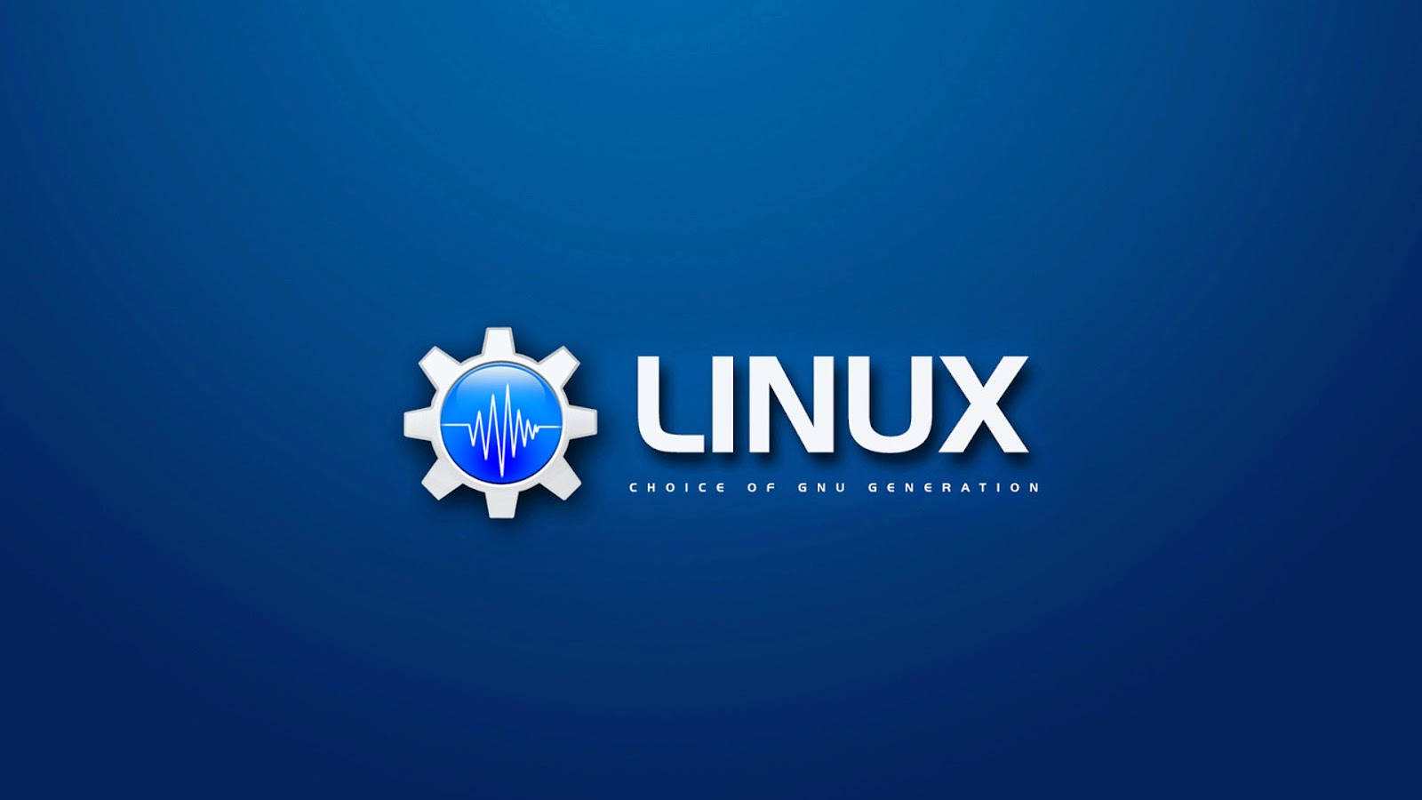 桌面 桌布 壁紙 — 一個簡潔的白色Linux標誌，帶有齒輪和波形圖示，居中於漸變藍色背景上。