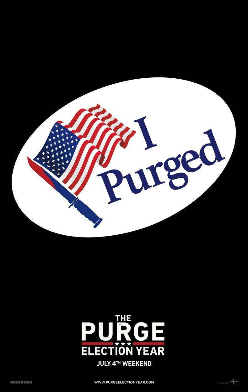 Purge 桌布 壁紙 — 一個簡潔的黑色背景上有一個白色橢圓形貼紙，上面有風格化的美國國旗披在刀上，並以粗體藍色字母寫著「I Purged」。