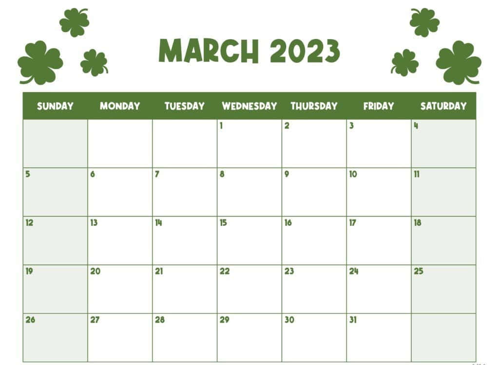 March 桌布 壁紙 — 一個簡約乾淨的2023年3月月曆，頂角裝飾著綠色三葉草。