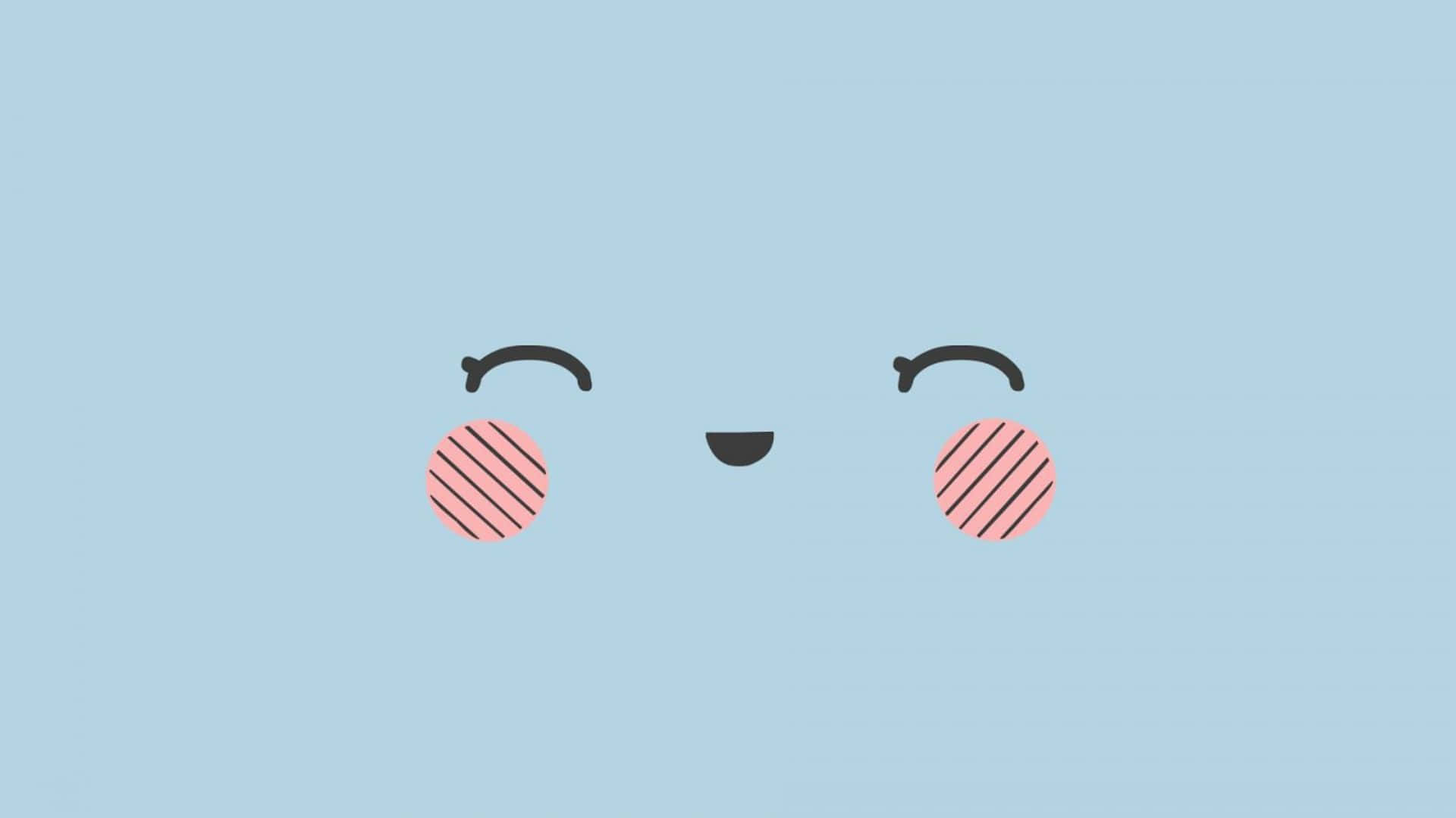 Kawaii Emoticon 桌布 壁紙 — 一個簡約可愛的臉，帶有條紋粉紅色臉頰和閉上的眼睛，在柔和的藍色背景上。