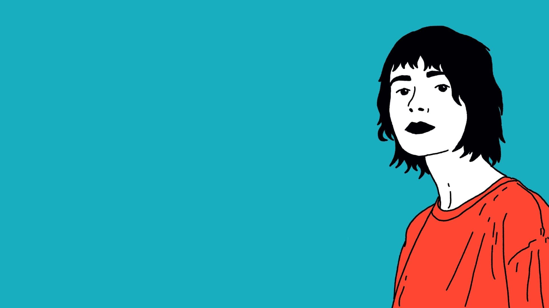 女孩 桌布 壁紙 — 一個簡約插圖，人物短黑髮、紅衫，背景為純青色。