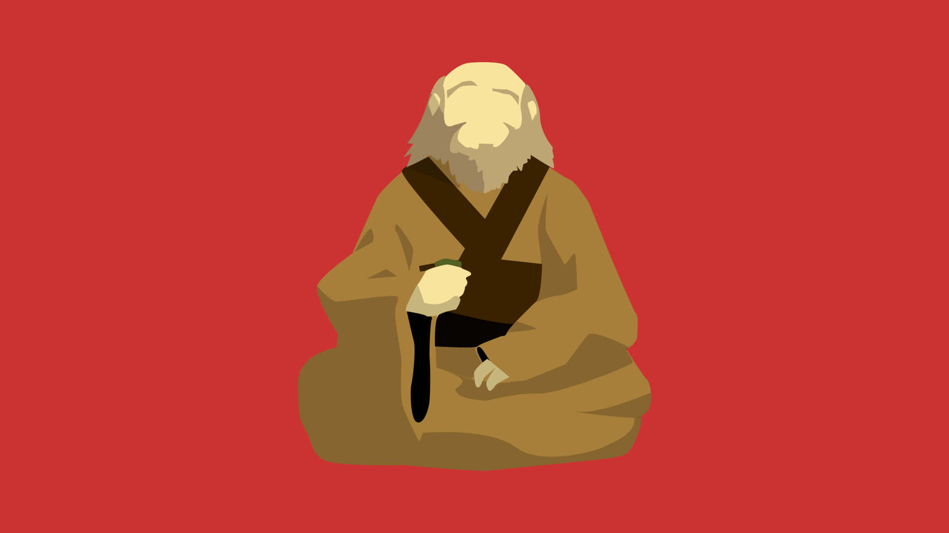 Uncle Iroh 桌布 壁紙 — 一個簡約插圖，描繪一位身穿棕色長袍的寧靜僧侶在純紅色背景前冥想。