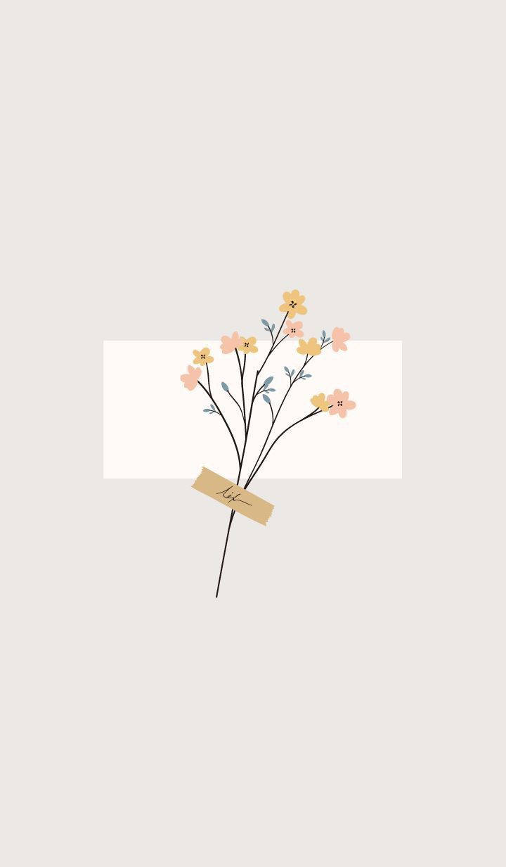 Spring iPhone 桌布 壁紙 — 一個簡約插圖，描繪一束精緻的花束，包含蜜桃色和黃色花朵，用米色絲帶綁著，背景是柔和的米色。
