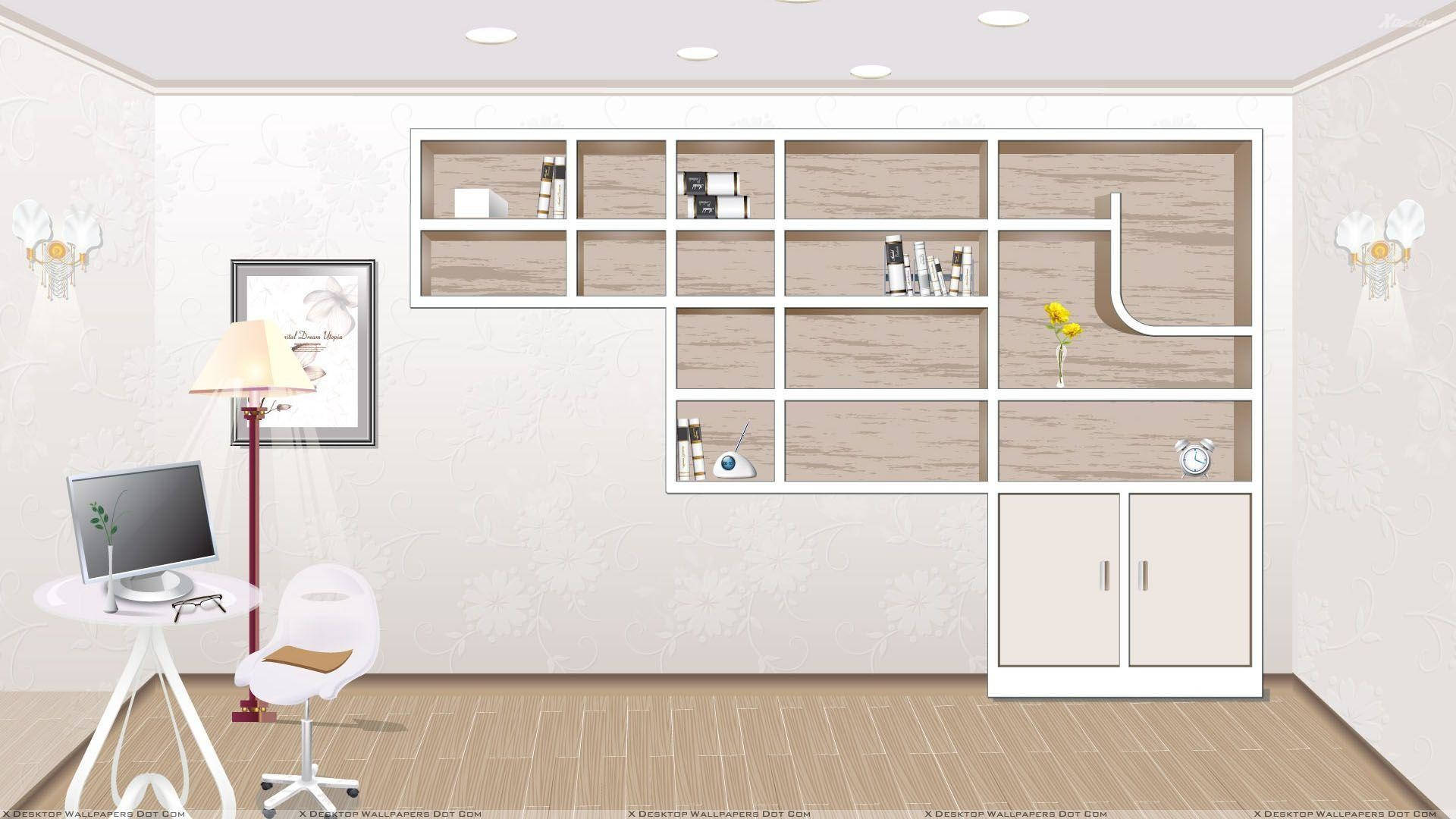 Shelves 桌布 壁紙 — 一個簡約現代家居辦公室，配有白色家具、木質層架和柔和燈光，營造寧靜的工作空間。