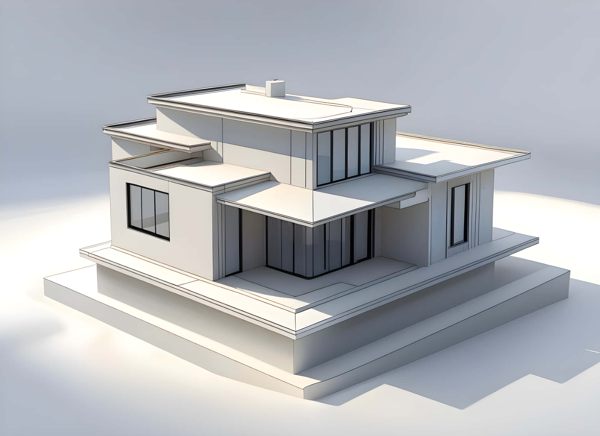 3d model home 壁紙 — 一個簡約現代房屋模型，具有乾淨的白色線條和大玻璃窗，放置在一個凸起的平台上，背景是柔和的灰色。