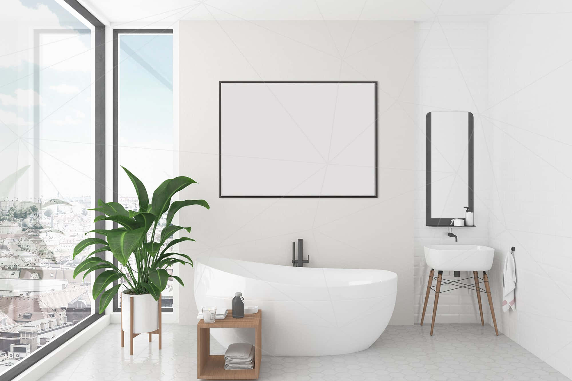 Bathroom Decor 桌布 壁紙 — 一個簡約現代浴室，配有獨立式浴缸、可俯瞰城市的大型窗戶和茂盛的綠色植物。