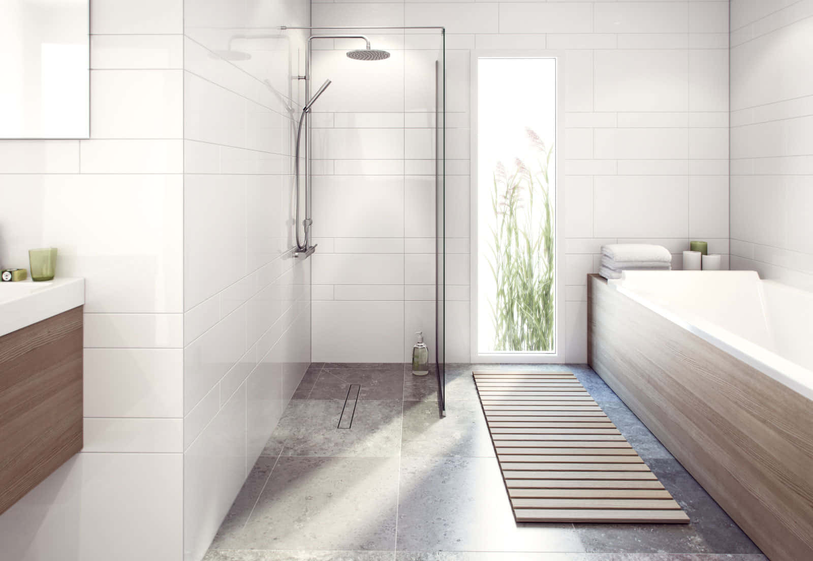 Bathroom Decor 桌布 壁紙 — 一個簡約現代浴室，配有白色瓷磚、灰色地板、木質裝飾，以及從高窗透入的自然光，窗外可見綠色蘆葦。