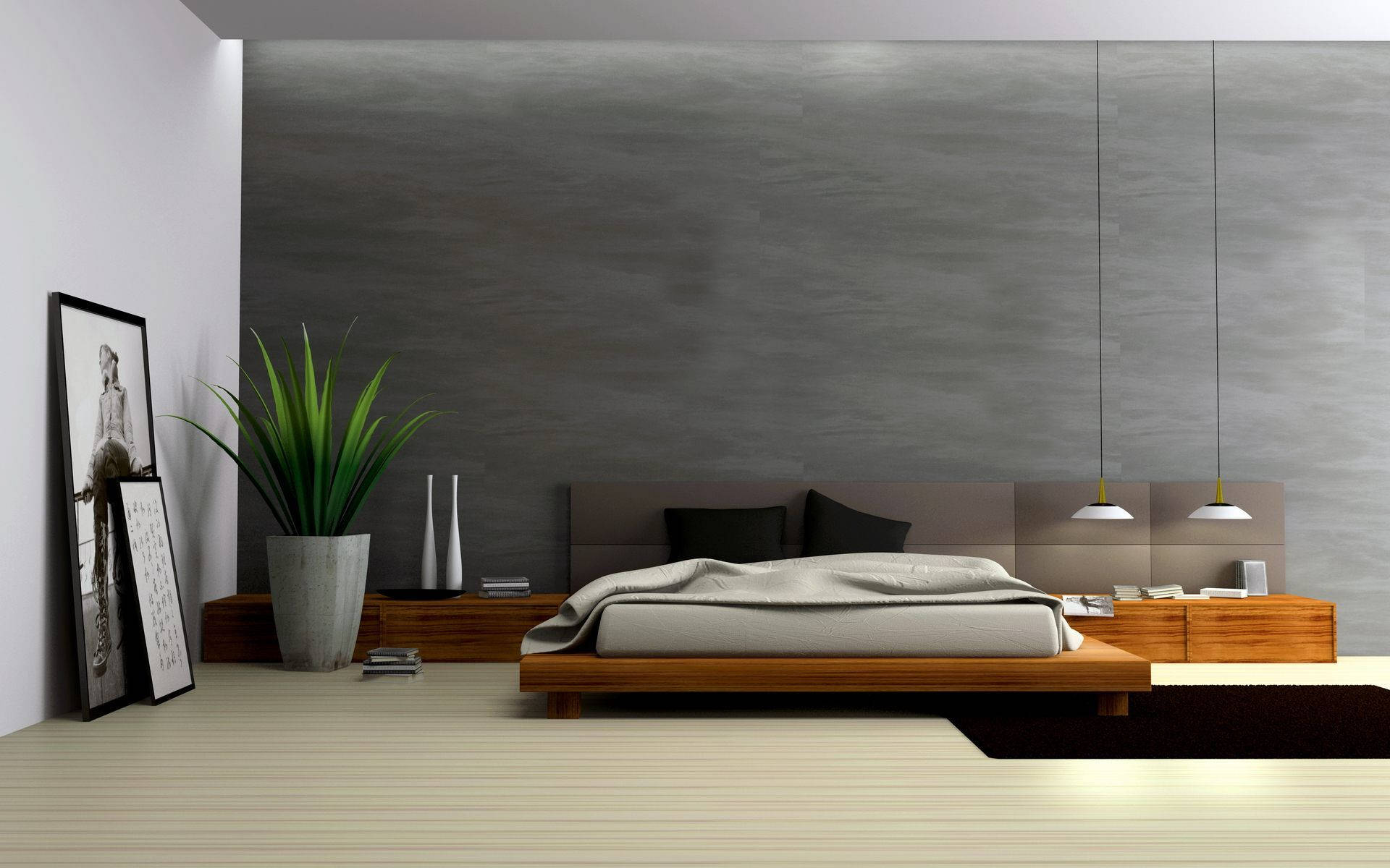 room 桌布 壁紙 — 一個簡約現代臥室，配有木製平台床、灰色紋理牆壁、吊燈和一株高大的綠色植物。
