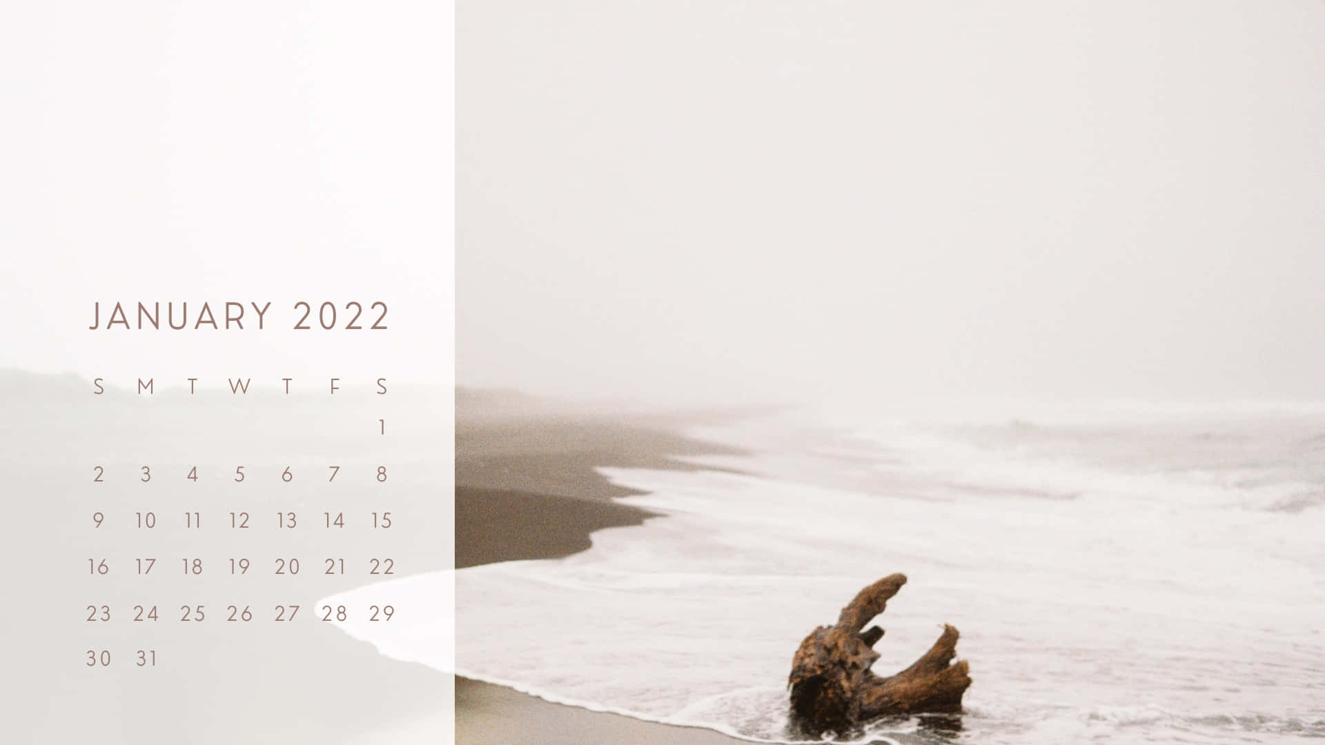 January 2022 Calendar 桌布 壁紙 — 一個簡約的2022年1月日曆疊加在一個薄霧海灘場景上，有輕柔的海浪和一根風化的漂流木。