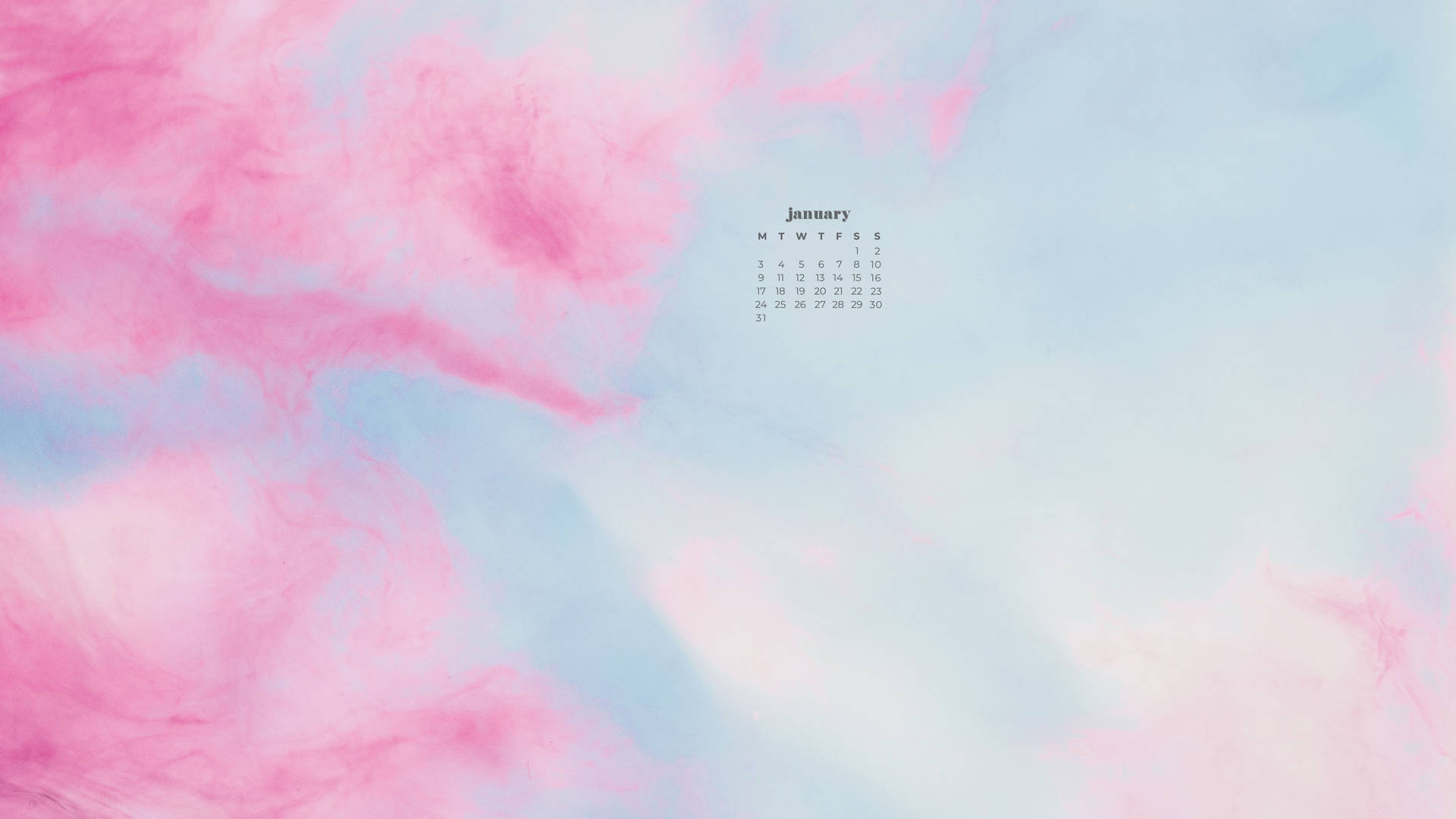 粉紅色和藍色墨水漩渦背景上的一月日曆 — 一月 GIF 壁紙