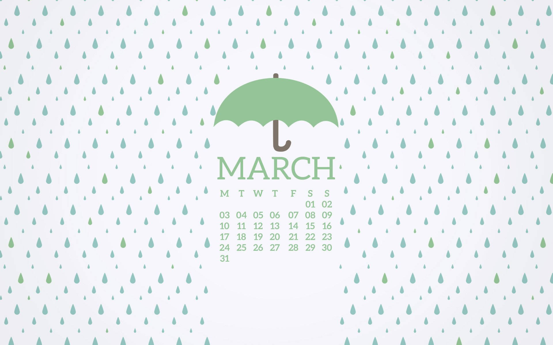March 桌布 壁紙 — 一個簡約的三月日曆，綠色雨傘置於淺色背景上落下的雨滴中央。