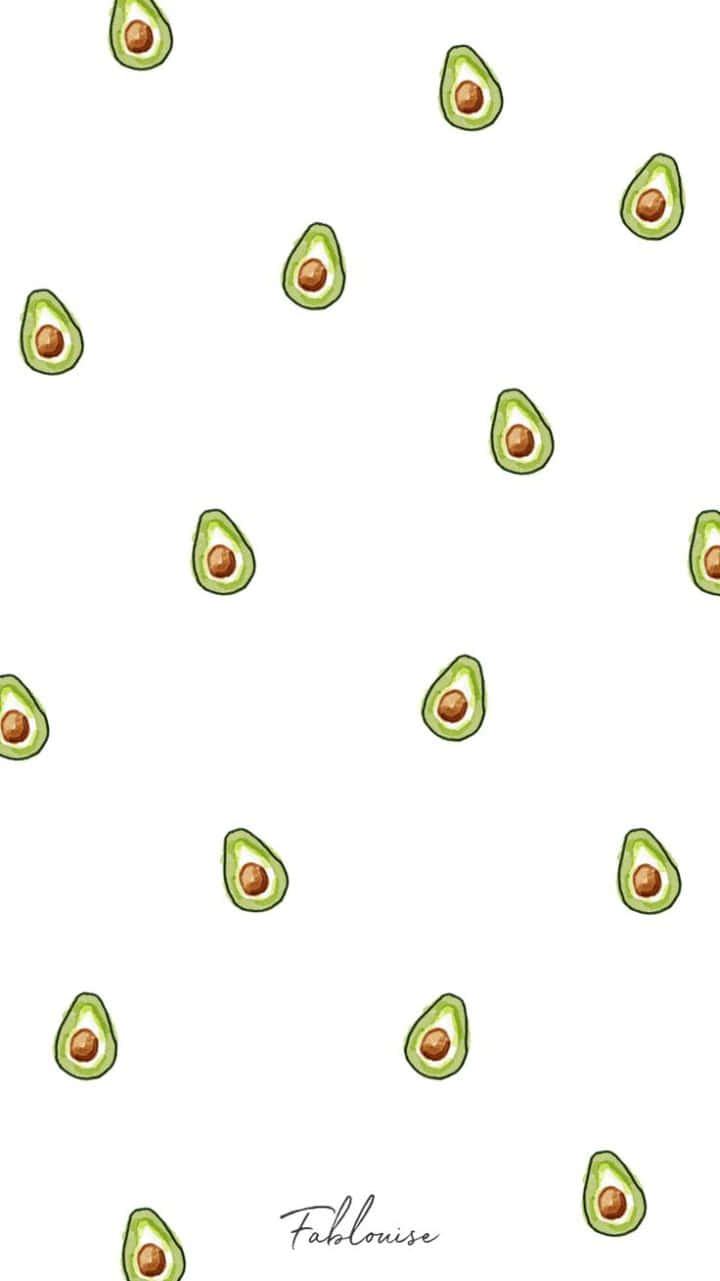 Avocado iPhone 桌布 壁紙 — 一個簡約的圖案，切片酪梨帶有棕色果核，散落在潔白的背景上。