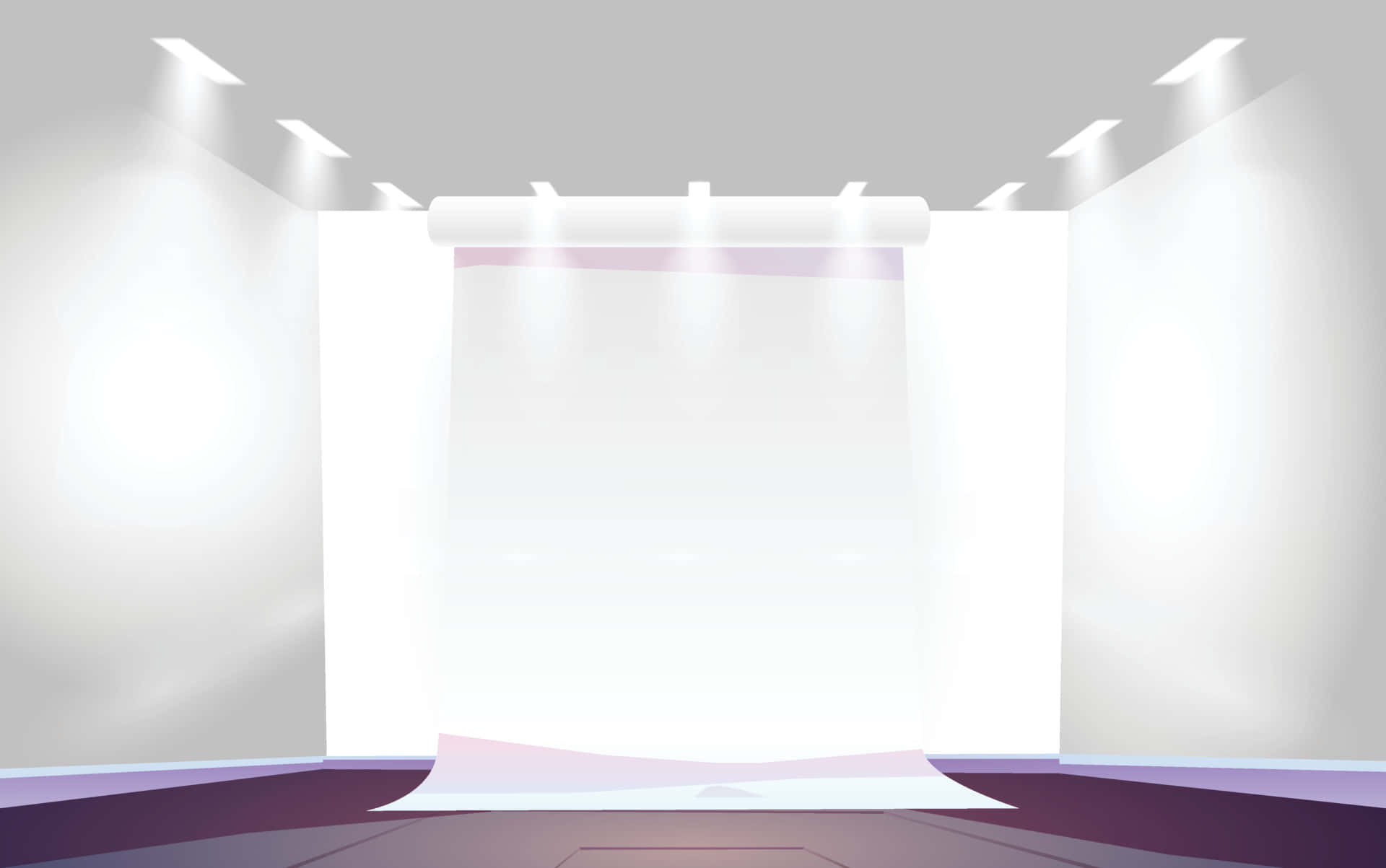 Runway 桌布 壁紙 — 一個簡約的工作室，明亮的聚光燈照亮了白色背景和紫色地板。