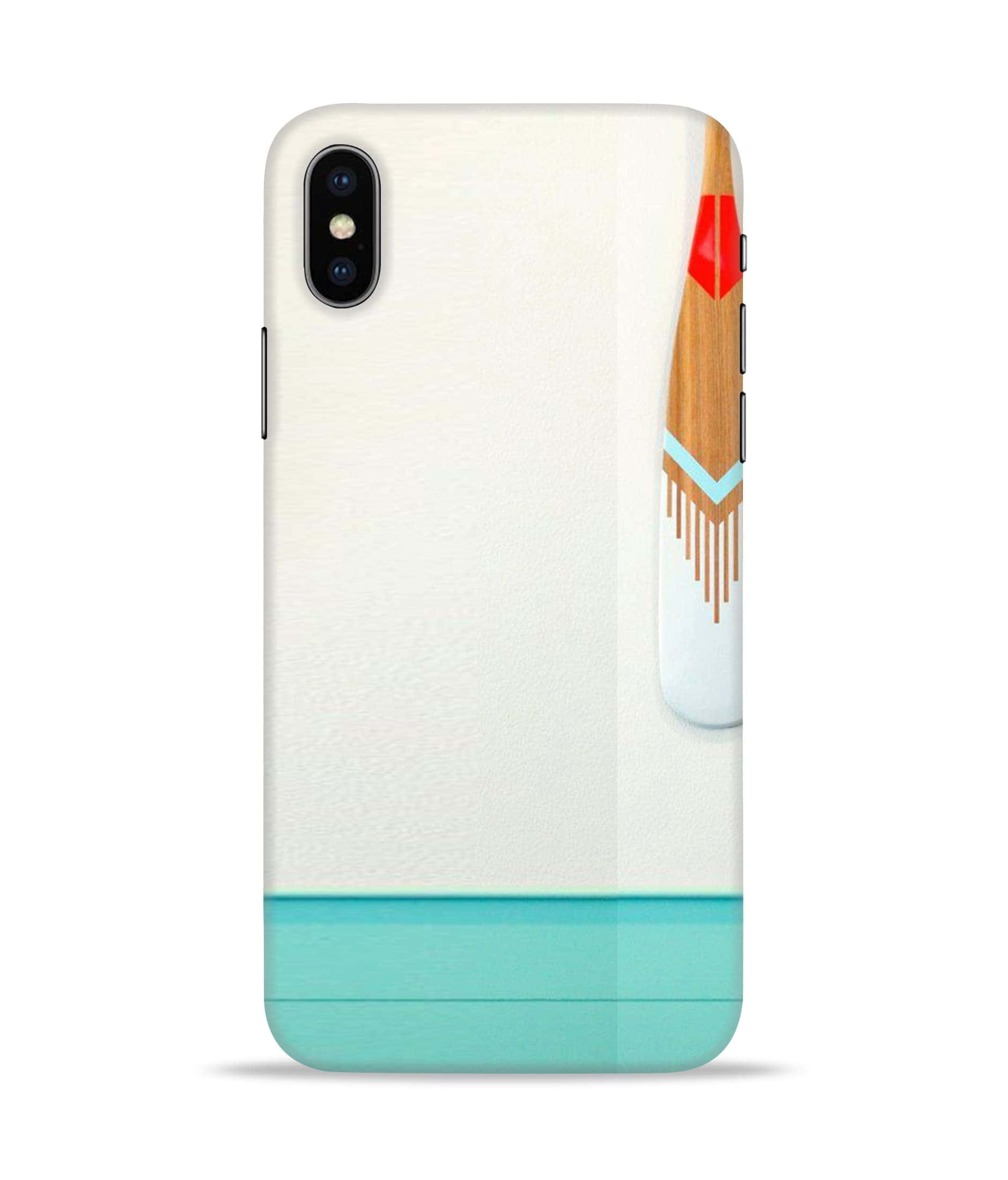 iPhone Xs Max Apple 桌布 壁紙 — 一個簡約的手機殼，上面有風格化的木鉛筆，帶紅色筆尖和藍綠色流蘇，背景為奶油色和深青色。