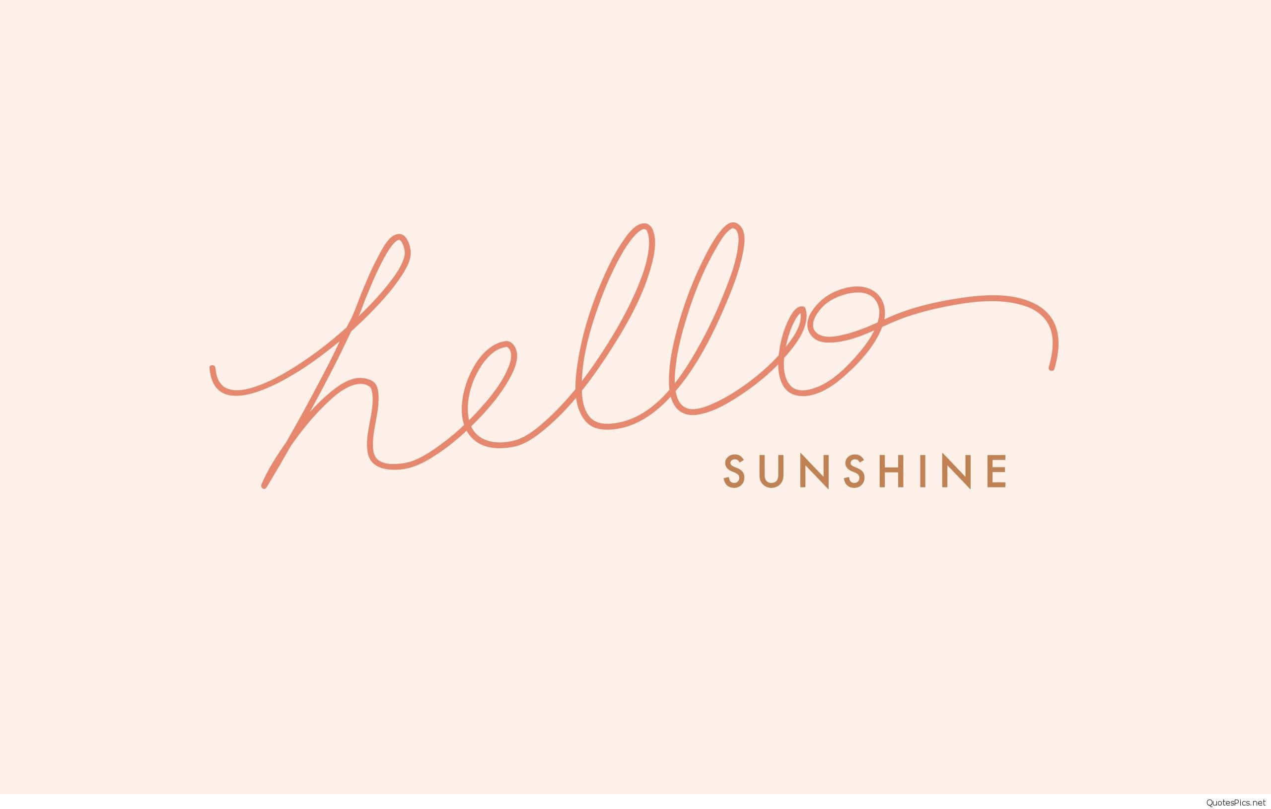 girly pink aesthetic 桌布 壁紙 — 一個簡約的桃色背景，以流暢的銅色手寫體呈現「hello」，下方以較小的大寫字母寫著「sunshine」。