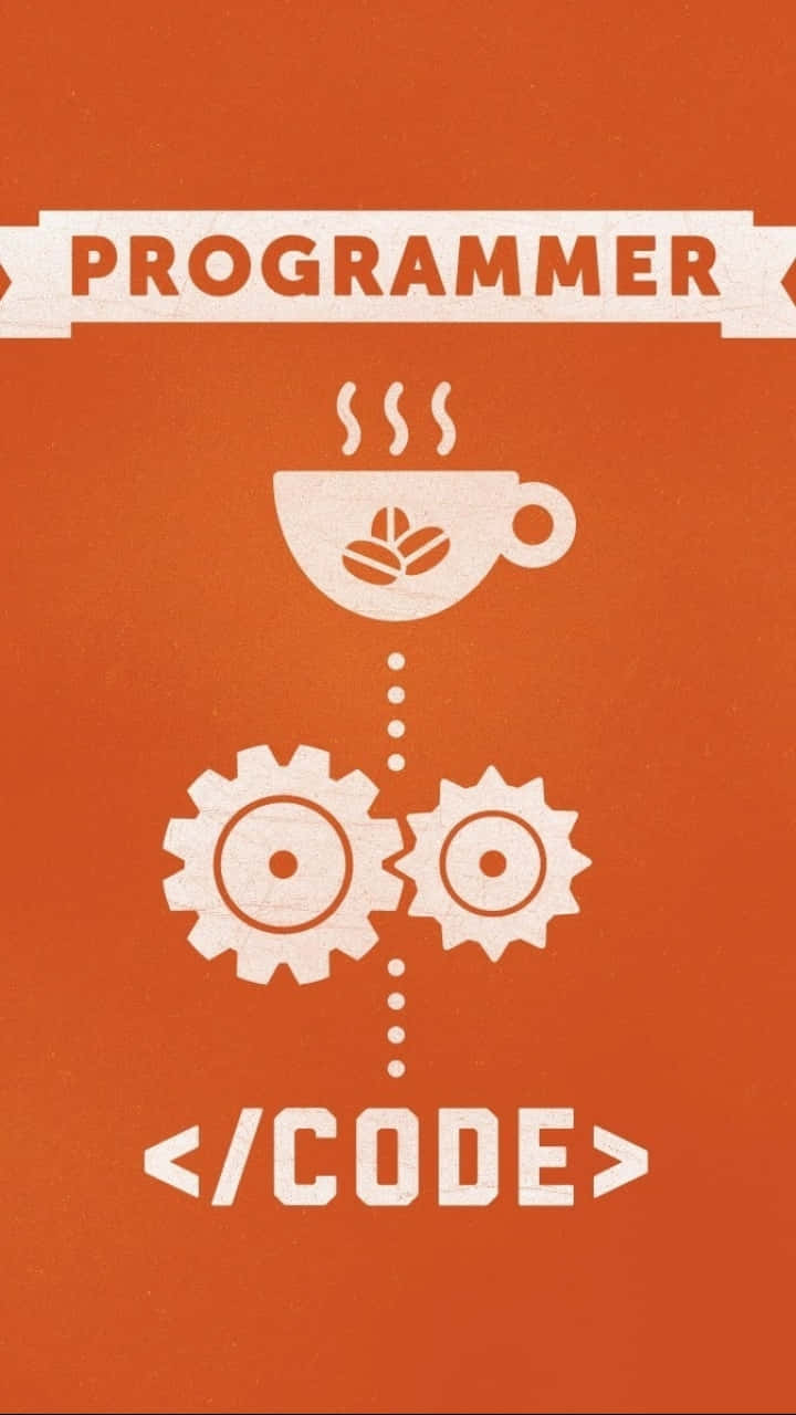 Programming 桌布 壁紙 — 一個簡約的橙色圖形顯示一個咖啡杯在齒輪上方，帶有程式設計師和程式碼標籤的文字。
