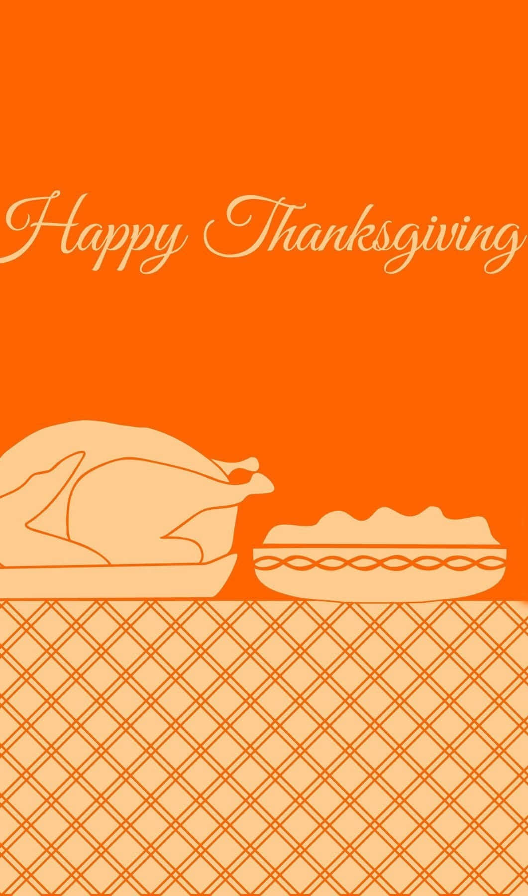 Thanksgiving Phone 桌布 壁紙 — 一個簡約的橙色感恩節桌布，上面有火雞和派放在格子桌布上，並配有草書文字。