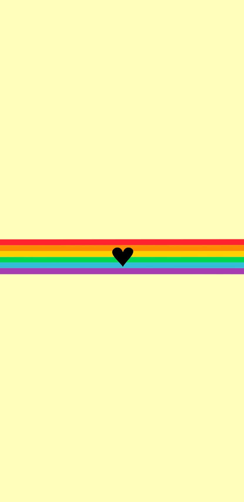 Lgbt iPhone 桌布 壁紙 — 一個簡約的淡黃色背景，上面有一條水平的彩虹條紋，中間有一個黑色愛心。