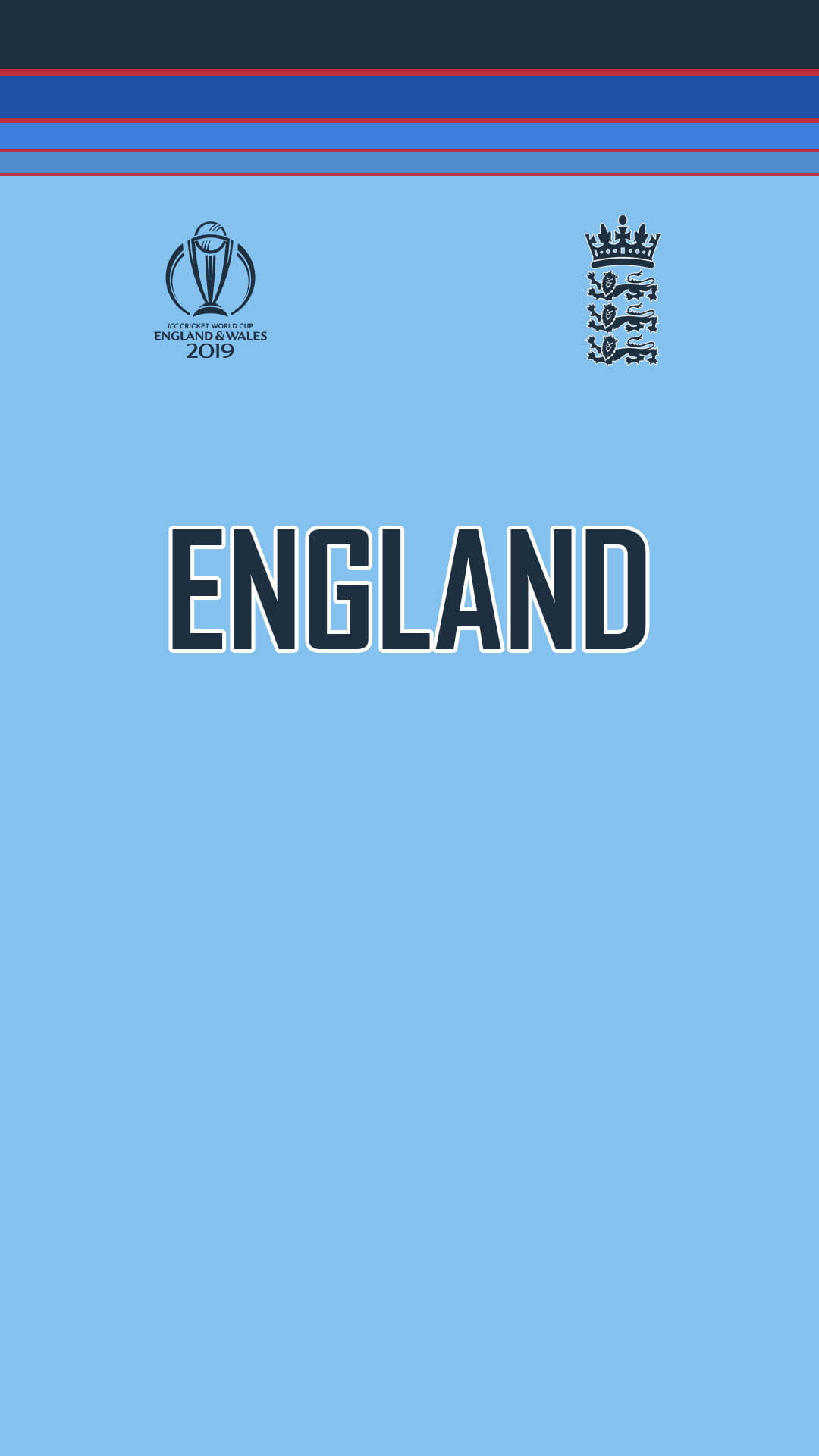 England Cricket 桌布 壁紙 — 一個簡約的淺藍色桌布，上面有粗體黑色字母「ENGLAND」，上方有2019年板球世界盃標誌和英格蘭徽章。
