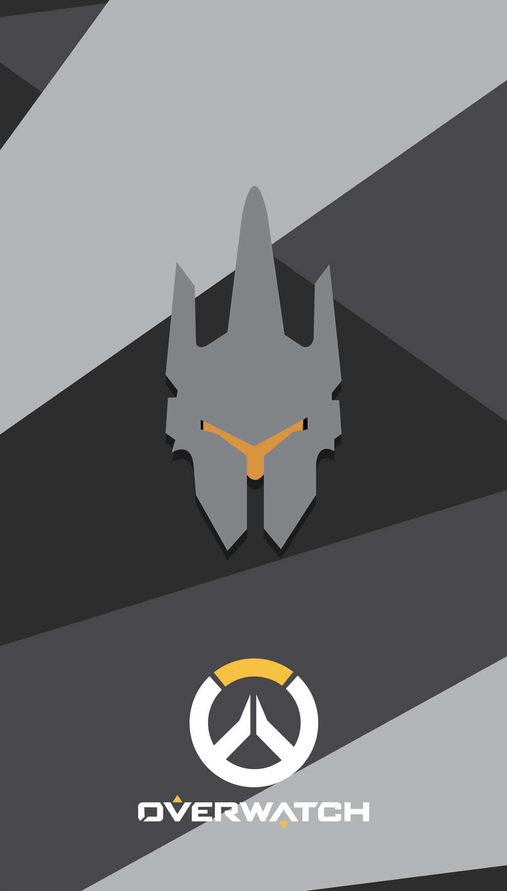 藝術 桌布 壁紙 — 一個簡約的灰色和橙色Overwatch英雄頭盔，居中在幾何灰色背景上，下方有Overwatch標誌。