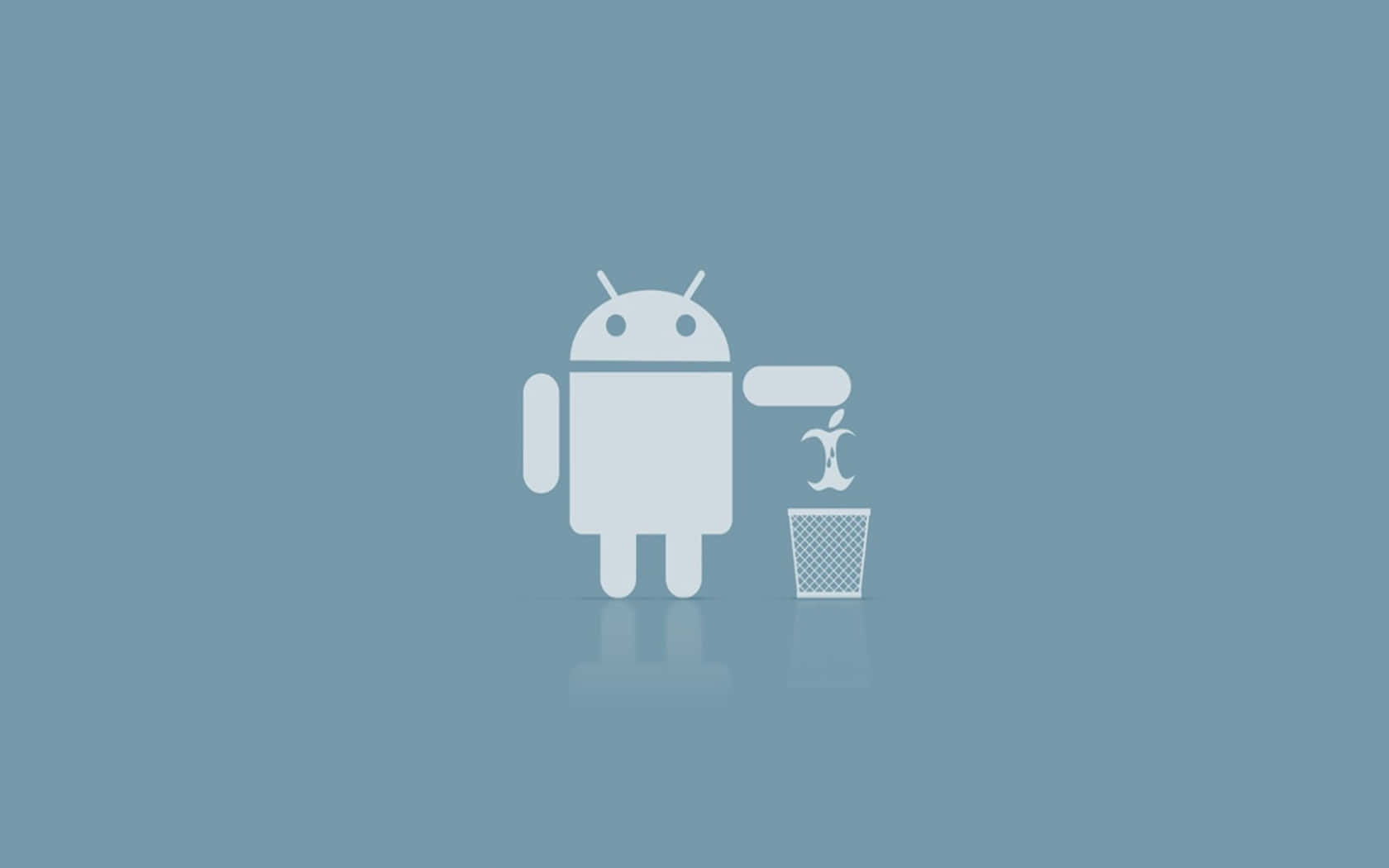 蘋果 桌布 壁紙 — 一個簡約的白色Android機器人圖示將Apple標誌丟進垃圾桶，背景為純藍色。