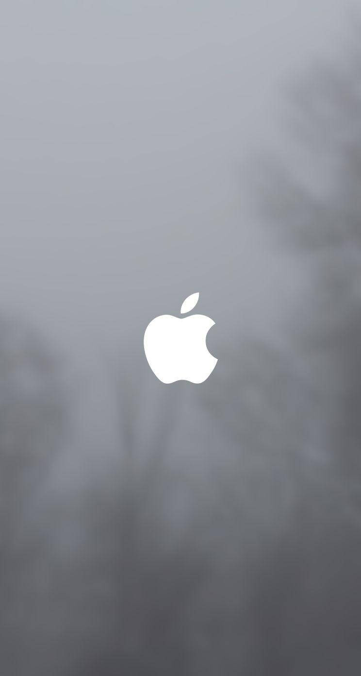 iPhone Se 桌布 壁紙 — 一個簡約的白色Apple標誌，居中放置在柔和的灰色模糊背景上，帶有模糊的樹木剪影。