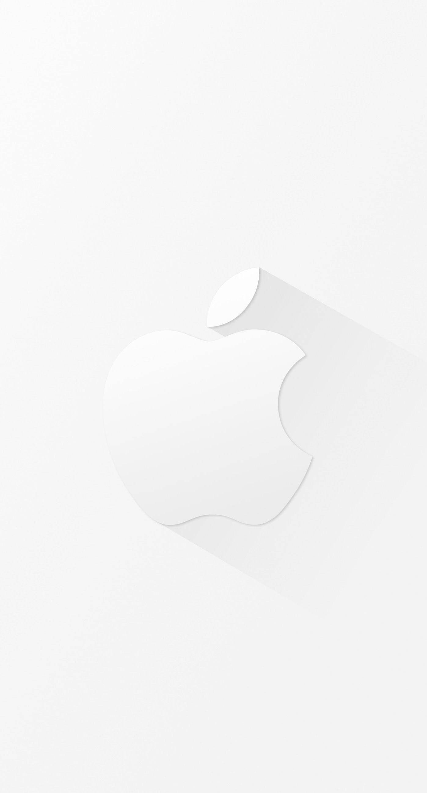 蘋果 桌布 壁紙 — 一個簡約的白色Apple標誌在純白背景上投射出長而柔和的陰影。