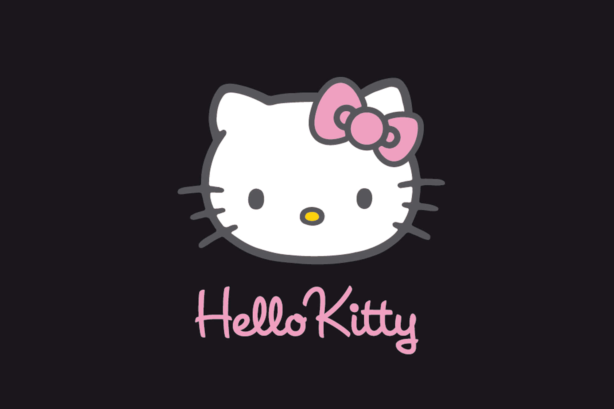 Hello Kitty Pc 桌布 壁紙 — 一個簡約的白色Hello Kitty臉孔，帶有粉紅色蝴蝶結和黃色鼻子，居中在黑色背景上，下方有粉紅色草書文字。