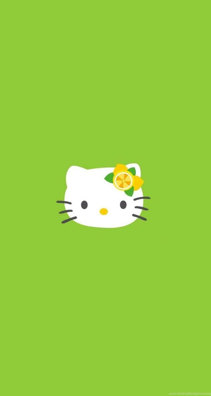 Hello Kitty 桌布 壁紙 — 一個簡約的白色Hello Kitty臉，中間有一個檸檬片蝴蝶結，背景是純青檸綠色。