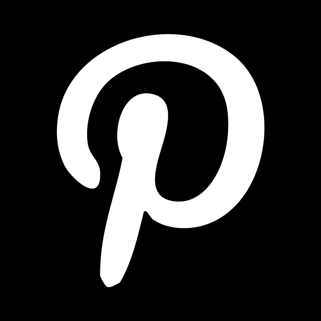 Pinterest 美學 桌布 壁紙 — 一個簡約的白色Pinterest標誌在純黑色背景上大膽地突出。