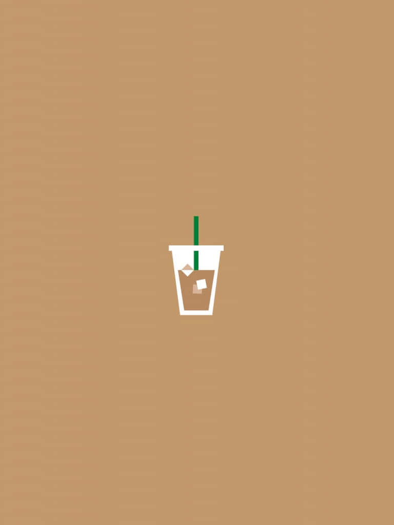Minimalist Coffee 桌布 壁紙 — 一個簡約的白色冰咖啡杯，搭配綠色吸管，置於有紋理的米色背景中央。