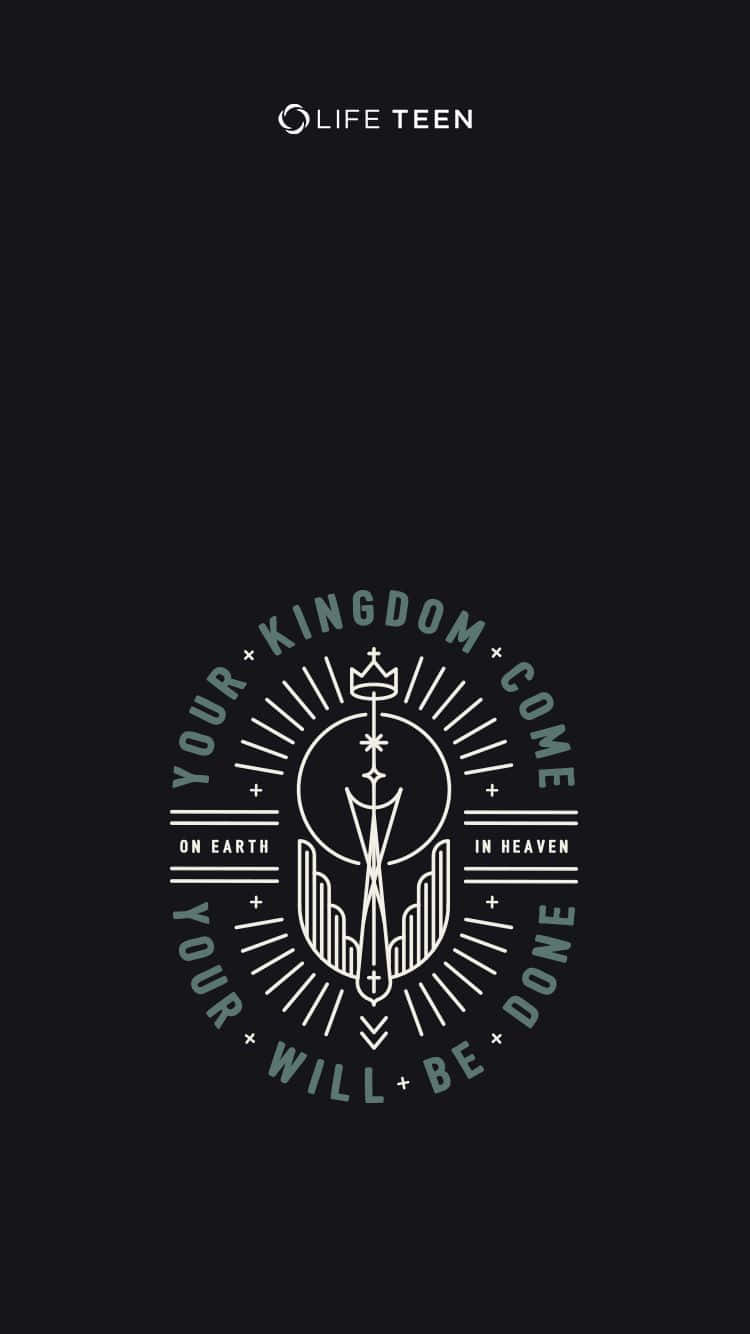 Theology 桌布 壁紙 — 一個簡約的白色和青綠色圓形標誌，帶有宗教文字和皇冠符號，背景為黑色。