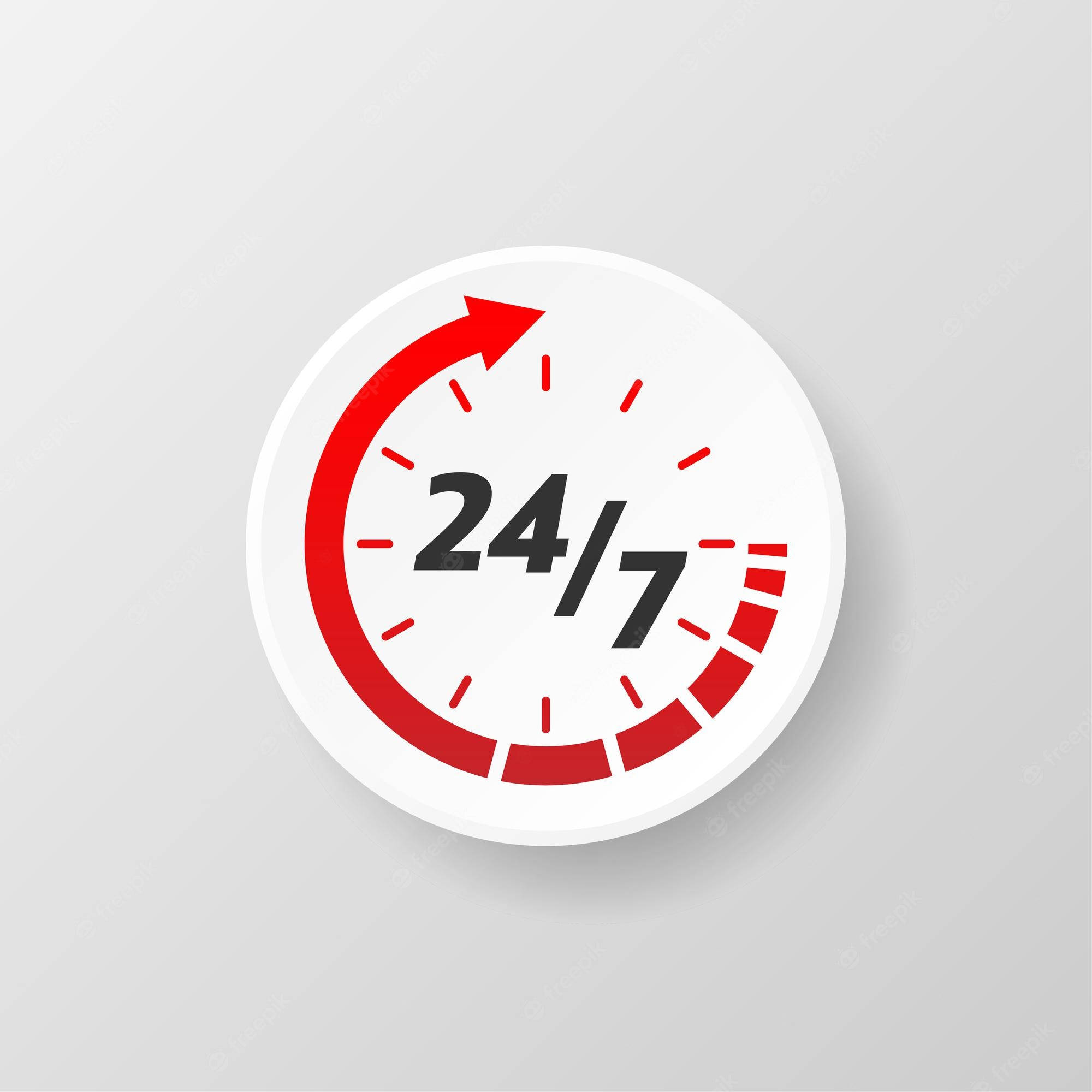 Clock 桌布 壁紙 — 一個簡約的白色圓形圖示，帶有紅色箭頭和247文字，象徵持續運作。