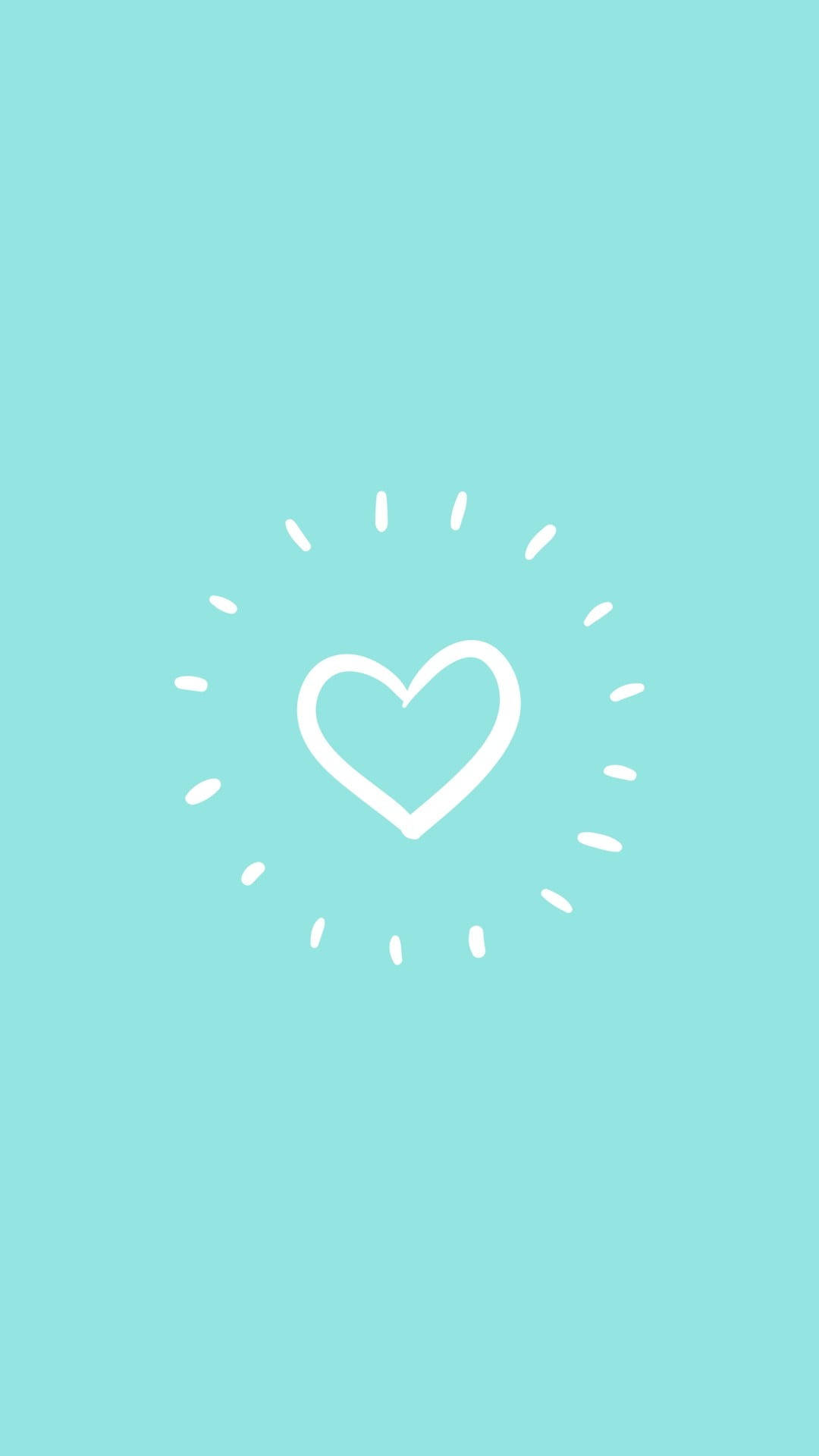 Cute Heart 桌布 壁紙 — 一個簡約的白色心形，帶有放射狀虛線，居中在純藍綠色背景上。