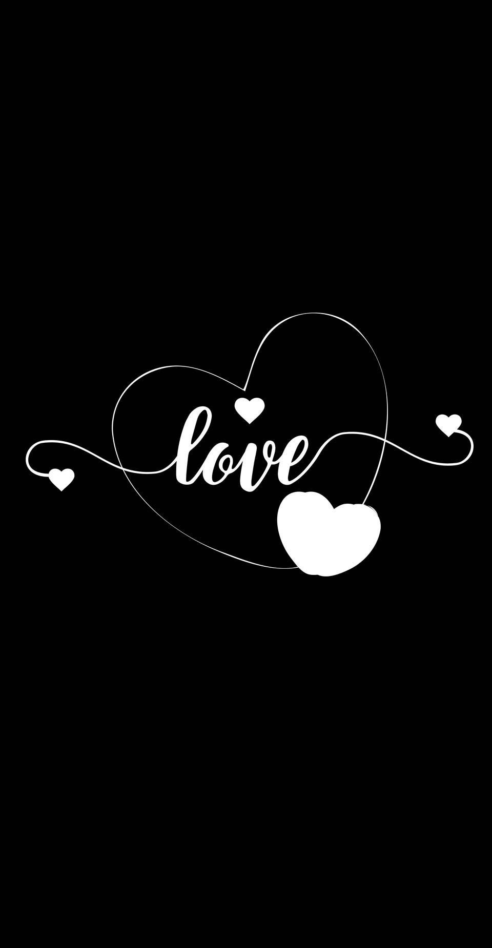 White Heart 桌布 壁紙 — 一個簡約的白色心形設計，上面有草書的love字樣和小愛心，背景為純黑色。