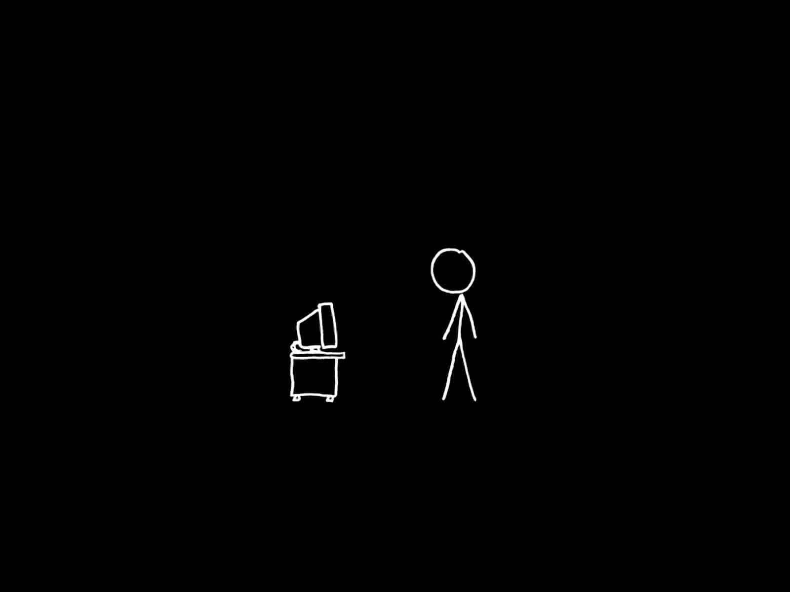 Simple Black And White 桌布 壁紙 — 一個簡約的白色火柴人站在一張簡單的書桌旁，桌上有一台電腦，背景為黑色。