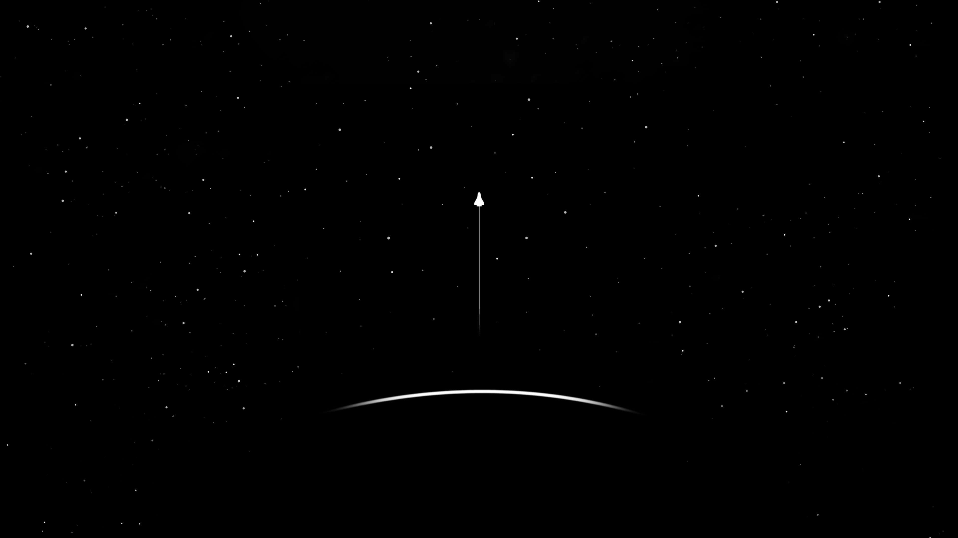 Minimalist Space 桌布 壁紙 — 一個簡約的白色箭頭從彎曲的行星地平線向上指向星空。