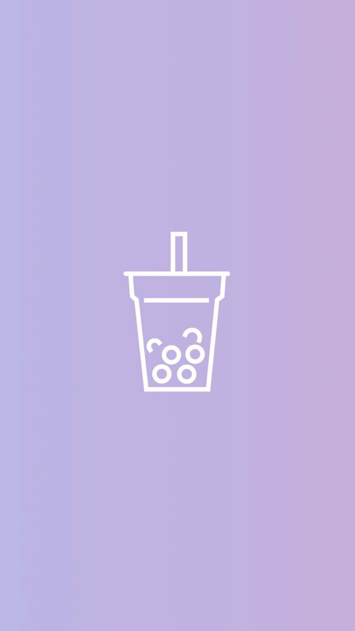 Boba 桌布 壁紙 — 一個簡約的白色線條圖示，描繪一杯帶有氣泡和吸管的波霸奶茶，居中放置在柔和的薰衣草漸層背景上。